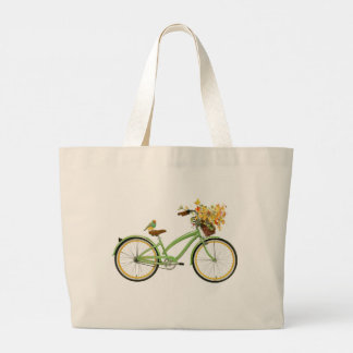 Bolsa Tote Grande Bicicleta Com Cesto de Pássaro e Flor Verde Amarel