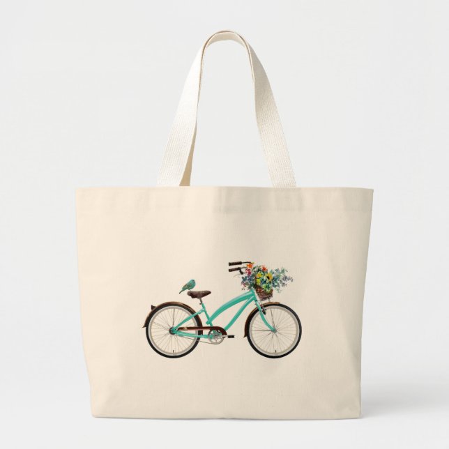 Bolsa Tote Grande Bicycle With Bird and Flower Basket Turquoise Blue (Frente)