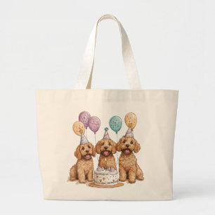 Bolsa Tote Grande Birthday Goldendoodle Cães Bolo de Aniversário