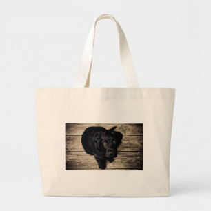Bolsa Tote Grande Black Labrador Retriever Puppy sobre madeira
