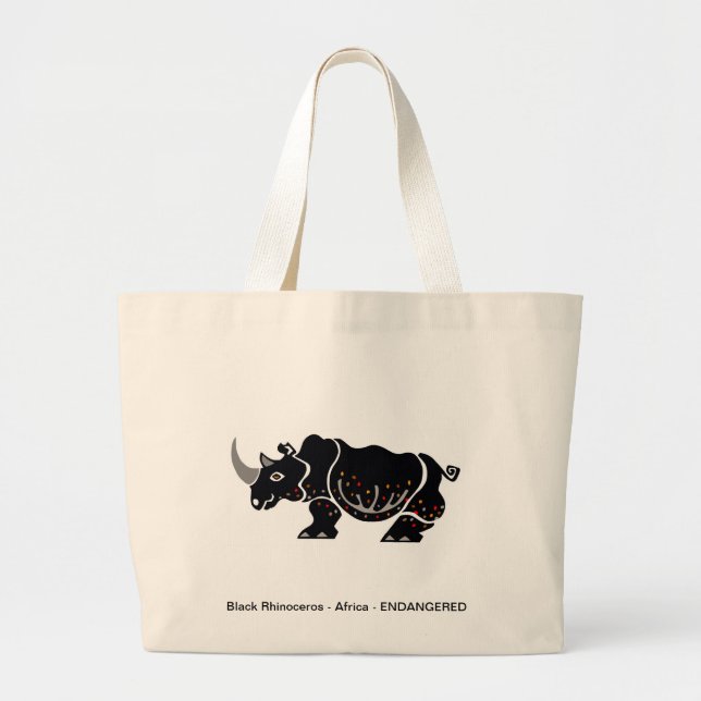 Bolsa Tote Grande Black RHINOCEROS - Animais ameaçados - Vida selvag (Frente)