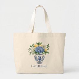 Bolsa Tote Grande Blue and White Chinoiserie Vase With Hydrangeas