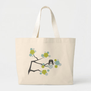 Bolsa Tote Grande Blue Cherry Blossoms Adoram Pássaros Casando Tote 