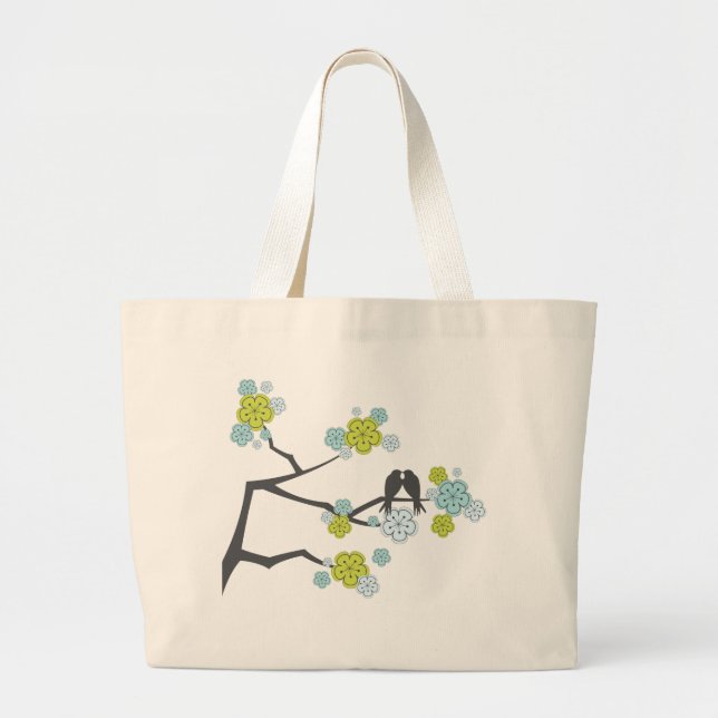 Bolsa Tote Grande Blue Cherry Blossoms Adoram Pássaros Casando Tote  (Frente)