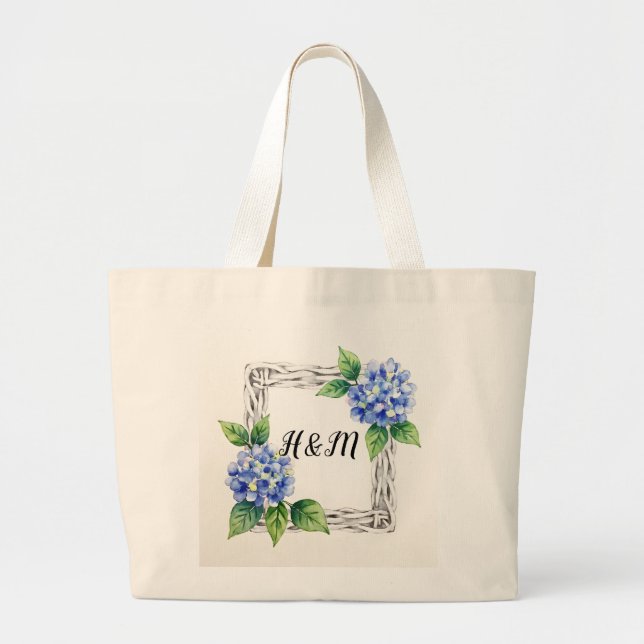 Bolsa Tote Grande Blue Hydrangea Border Customized (Frente)