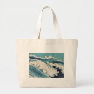 Bolsa Tote Grande Blue Ocean Waves Woodcut