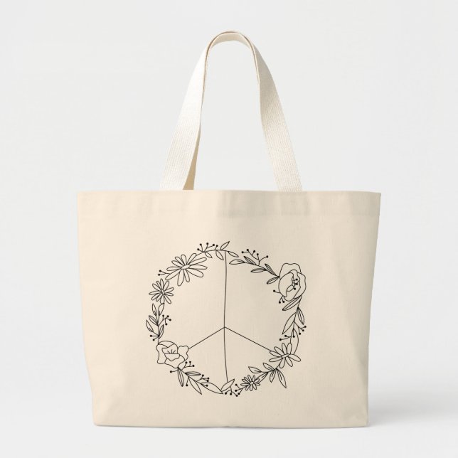 Bolsa Tote Grande Boho Floral Peace Sign (Frente)