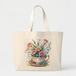 Bolsa Tote Grande Boho Floral Teacup - Whimsical Flower Art Tote Bag