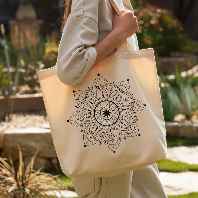 Bolsa Tote Grande Boho Mandala Black Line Art (Criador carregado)