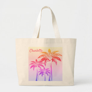 Bolsa Tote Grande Bold Tropical Palm Tree Bright Summer Name