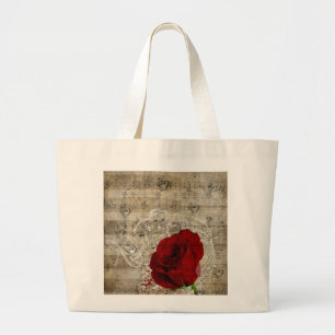 Bolsa Tote Grande Bonitas notas de música de rosa vermelha rodopia