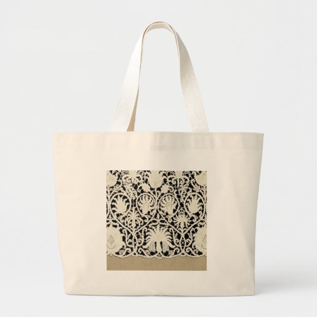 Bolsa Tote Grande Bonito Linen White Lace Antique de Casamento  (Frente)