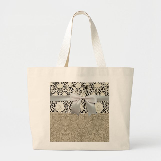 Bolsa Tote Grande Bonito Linen White Lace Antique de Casamento  (Frente)