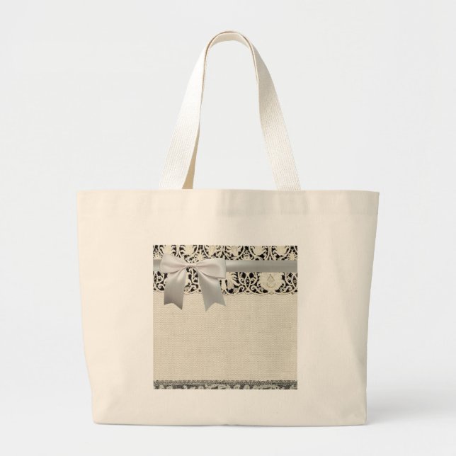 Bolsa Tote Grande Bonito Linen White Lace Antique de Casamento  (Frente)