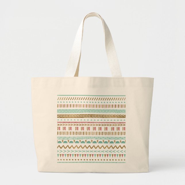 Bolsa Tote Grande Bonito pintura à mão tribal Aztec design geométric (Frente)