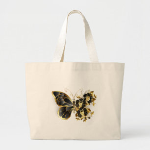 Bolsa Tote Grande Borboleta Flor Dourada com Orquídea Preta