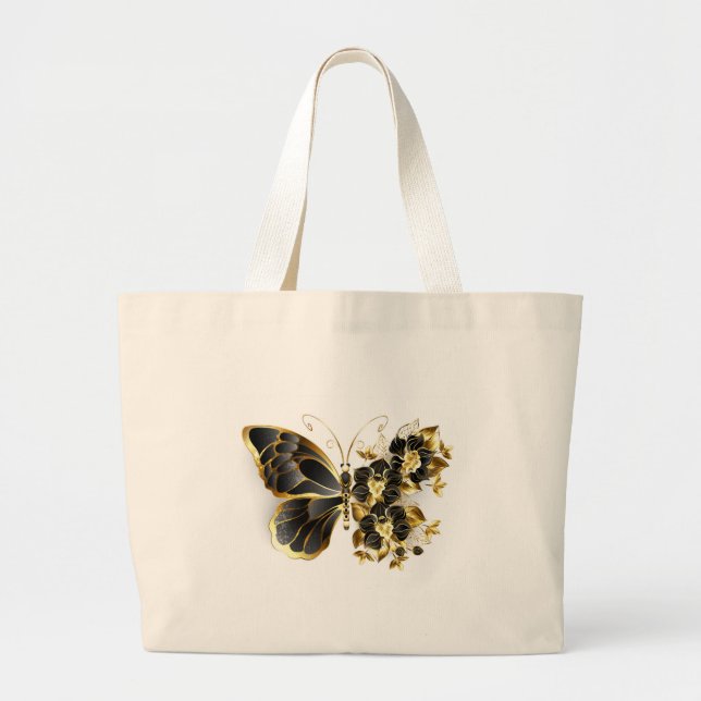 Bolsa Tote Grande Borboleta Flor Dourada com Orquídea Preta (Frente)