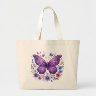 Bolsa Tote Grande Borboleta Roxa com Flores