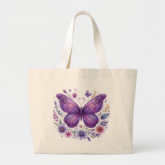 Bolsa Tote Grande Borboleta Roxa com Flores (Frente)