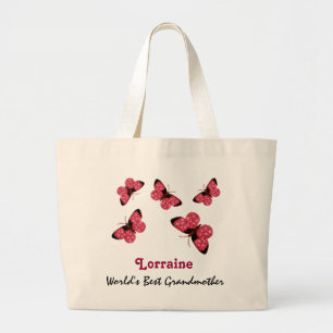 Bolsa Tote Grande Borboletas do rosa do nome da avó do mundo as