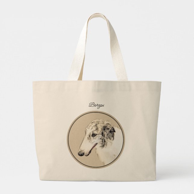 Bolsa Tote Grande Borzoi Silver Brindle Pintando a Arte de Cachorro  (Verso)
