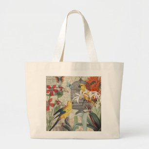 Bolsa Tote Grande Botânica Vintage de Pássaros Natureza Antiga Tropi