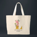Bolsa Tote Grande Bridesmaid Floral Rosa Dourado Monograma - Letra L<br><div class="desc">Trendy floral monograma inicial da dama de honra. Apresentando um monograma floral de ouro L,  que é definido,  mas pode mudar facilmente o nome e a ocasião utilizando o botão "Personalizar". Presente perfeito para aniversário,  aniversário ou chás de panela</div>