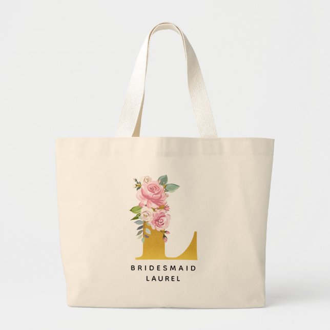 Bolsa Tote Grande Bridesmaid Floral Rosa Dourado Monograma - Letra L (Frente)