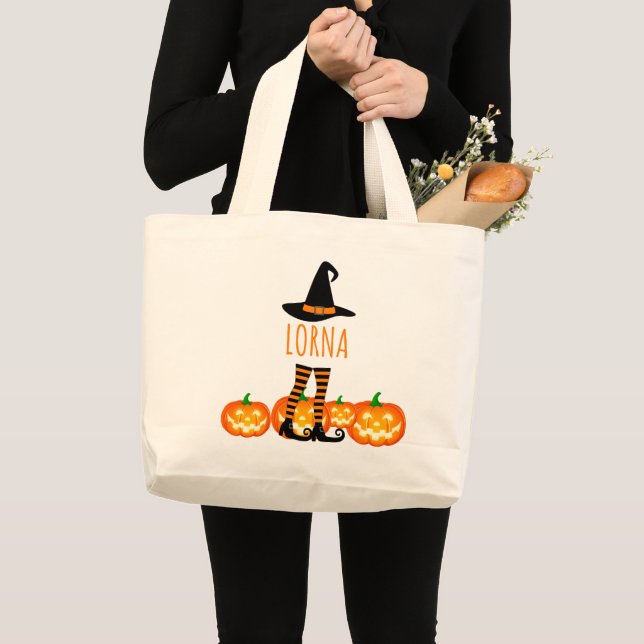 Bolsa Tote Grande Bruxa de Halloween Pernas & Abóbora (Frente (produto))