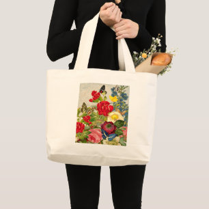 Bolsa Tote Grande Buquê de Flores Antigas com Borboletas