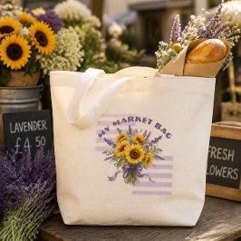Bolsa Tote Grande Buquê de Girassol e Lavanda em Aquarela Rústica