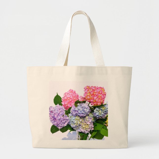 Bolsa Tote Grande Buquê de hidrangea floral azul-púrpura, Elegante (Frente)