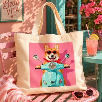 Bolsa Tote Grande Cachorro Corgi Fofo Andando de Scooter Azul Retro