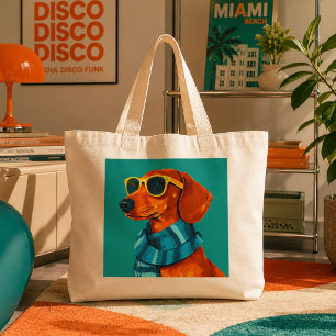 Bolsa Tote Grande Cachorro Dachshund Legal Usando Cachecol e Óculos