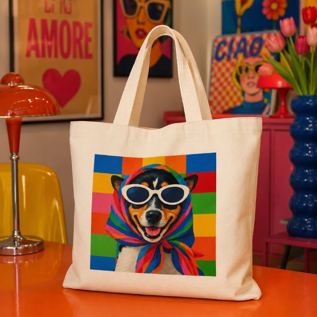 Bolsa Tote Grande Cachorro Feliz com Lenço Babushka Arco-Íris em Pop (Criador carregado)
