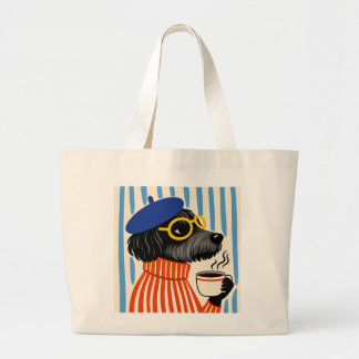 Bolsa Tote Grande Cachorro Poodle Preto Legal Bebendo Café com Boina