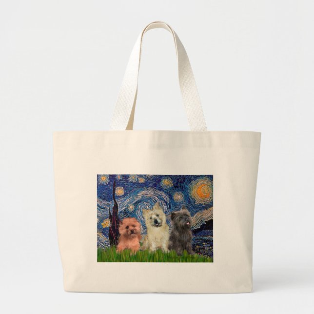 Bolsa Tote Grande Cairn Terriers (três) - Noite Estrelada (Frente)