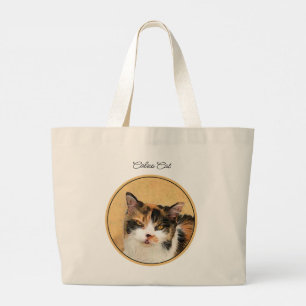 Bolsa Tote Grande Calico Cat Portraing Pintura Bela Arte Original