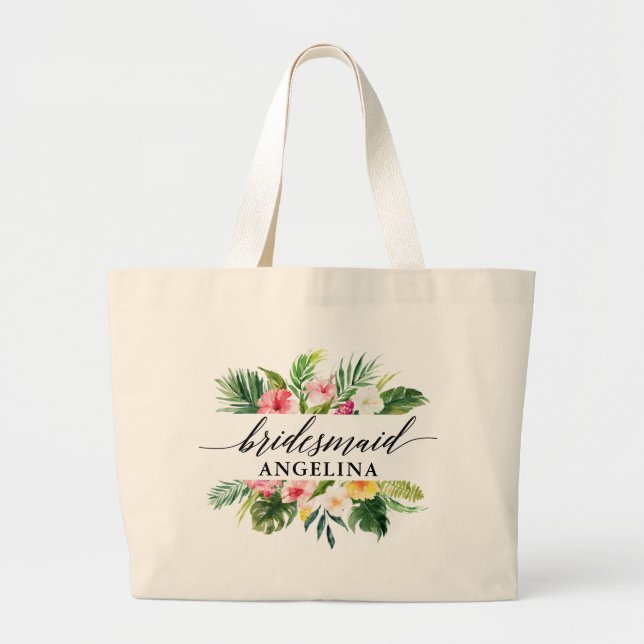 Bolsa Tote Grande Calliografia Floral Tropical Bridesmaid (Frente)