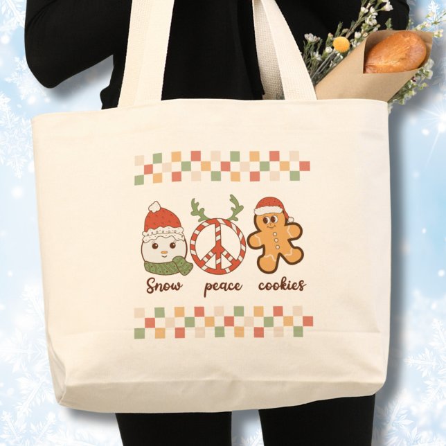 Bolsa Tote Grande Camisa de Natal feia Retro (Retro Hippie Christmas Tote bag, Snowman, Snow,peace,cookies tote)