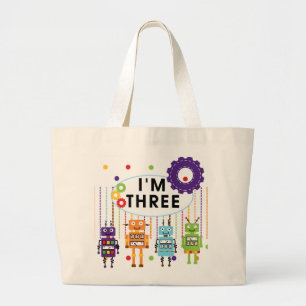 Bolsa Tote Grande Camisas de aniversário de 3 anos robô e presentes