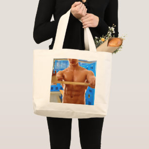 Bolsa Tote Grande CamisaSlipperyJoe do homem musculoso sem camisa ab