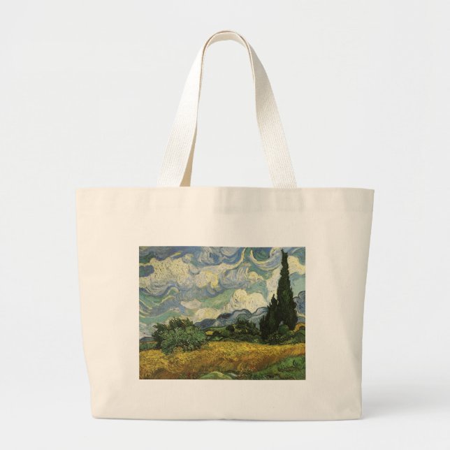Bolsa Tote Grande Campo de trigo com ciprestes, Vincent Van Gogh (Frente)