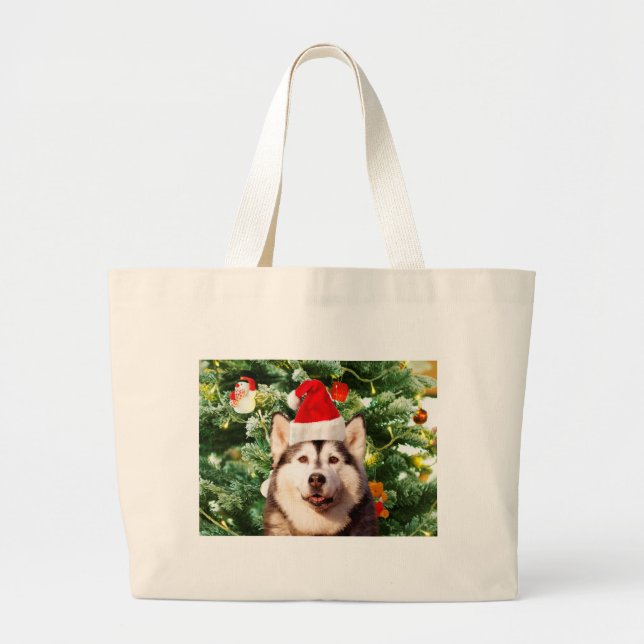 Bolsa Tote Grande Canteiro de Árvores de Natal Siberian Husky Snowma (Frente)