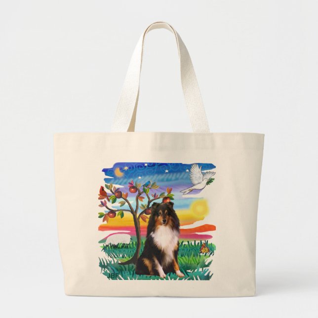 Bolsa Tote Grande Cão de Pastoreio de Shetland (tri) (Frente)