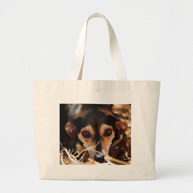 Bolsa Tote Grande Cão doce deitado no feno (Frente)
