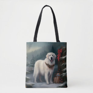 Bolsa Tote Grande Cão Pirenéus na Neve de Natal