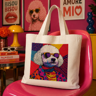 Bolsa Tote Grande Cão Poodle Branco Pop Art em Roupa Colorida e Retr