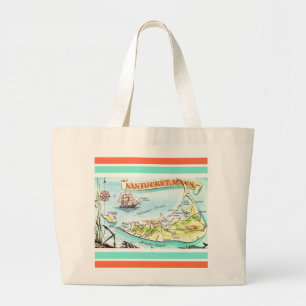 Bolsa Tote Grande Cartão postal do mapa ilustrado de Nantucket MA