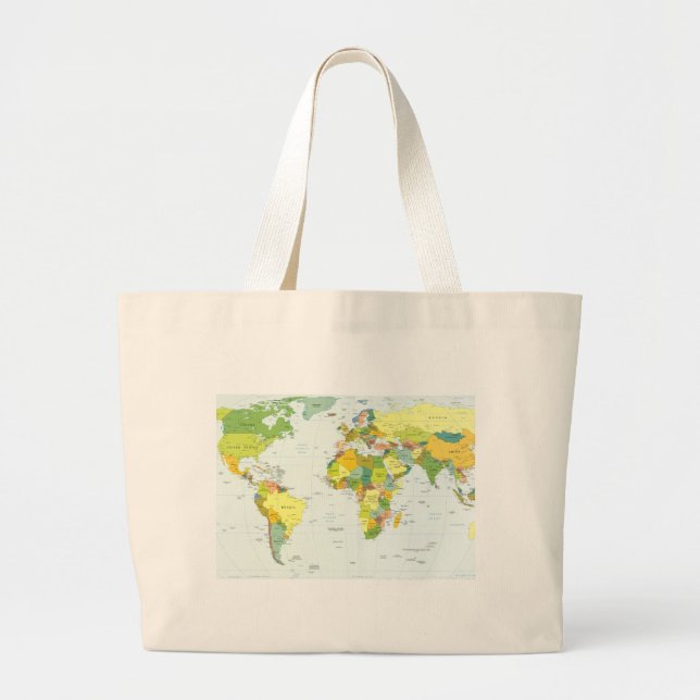 Bolsa Tote Grande Cartaz do Atlas Político do Mapa Mundial: Decoraçã (Frente)